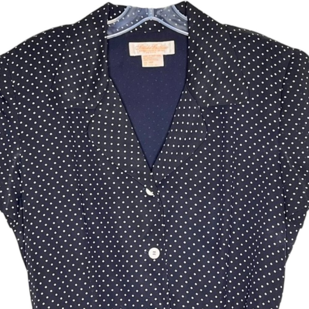 Brooks Brothers Dotted Belted Button Up Shirtwaist Dress - Navy/White - 14P - Picture 3 of 10